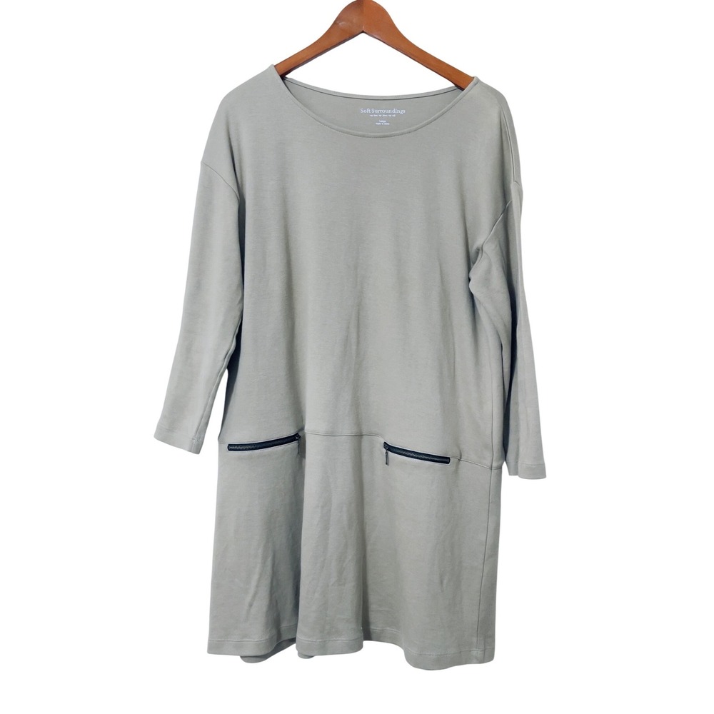 Soft Surroundings Womens Knit Tunic Dress Large Beige Cotton Minimalist Neutral
